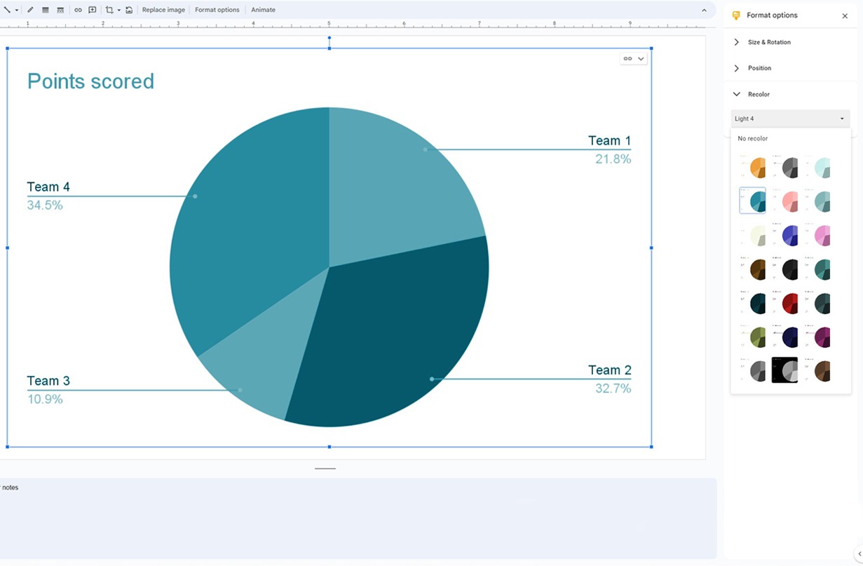 Screenshot of the colour options in the Format panel for a pie chart in Google Slides