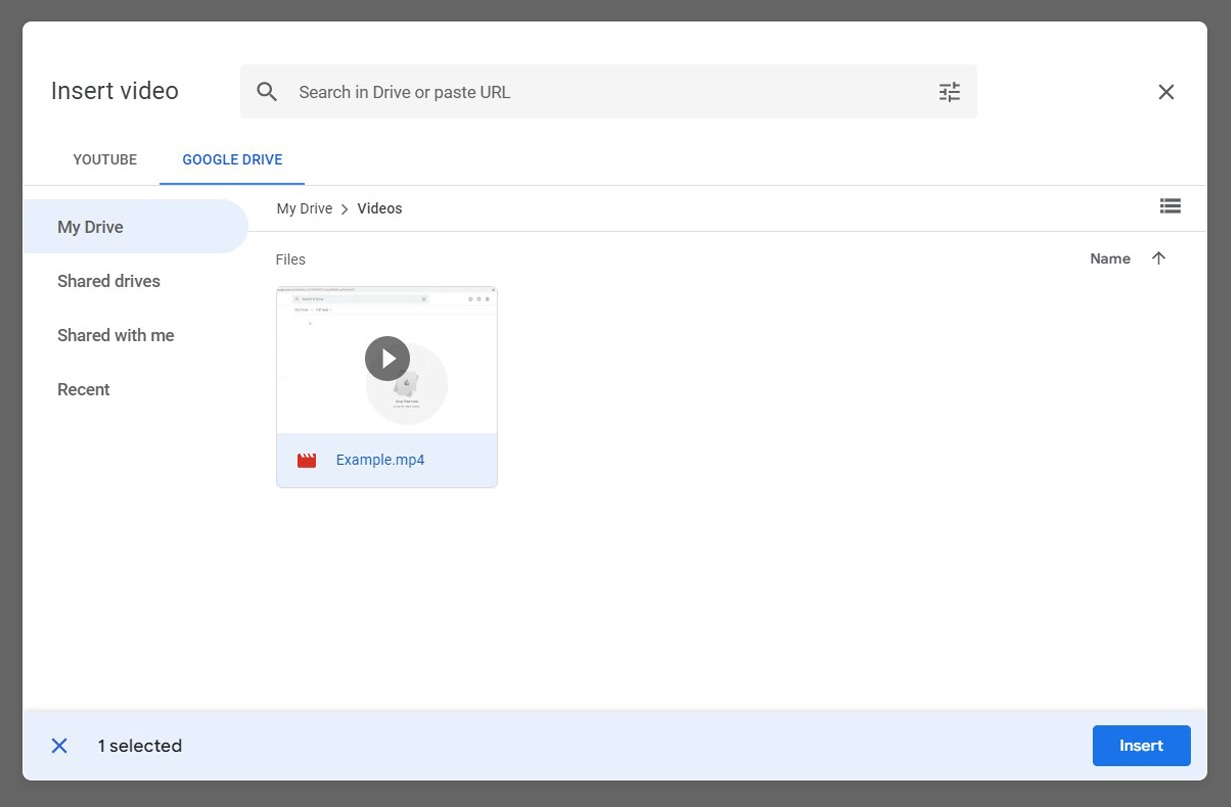 Screenshot of the insert video pop-up box in Google Slides