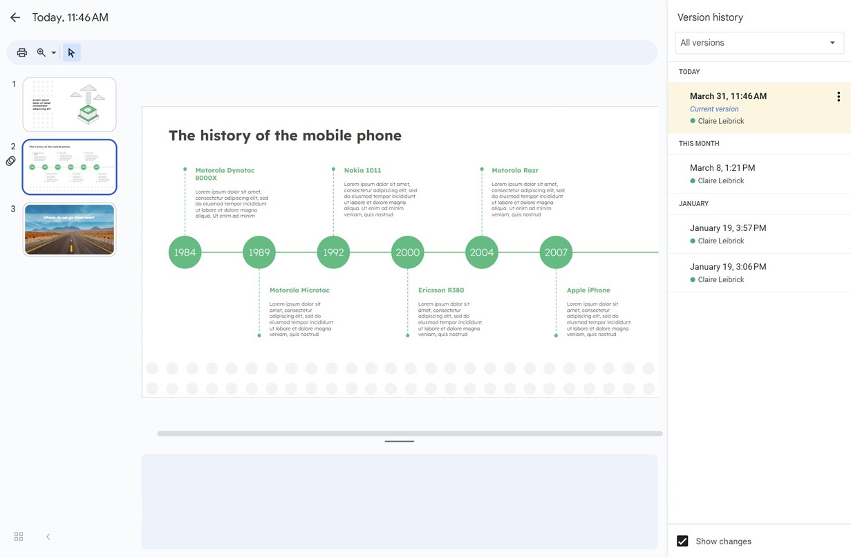 Screenshot of Google Slides' version history panel