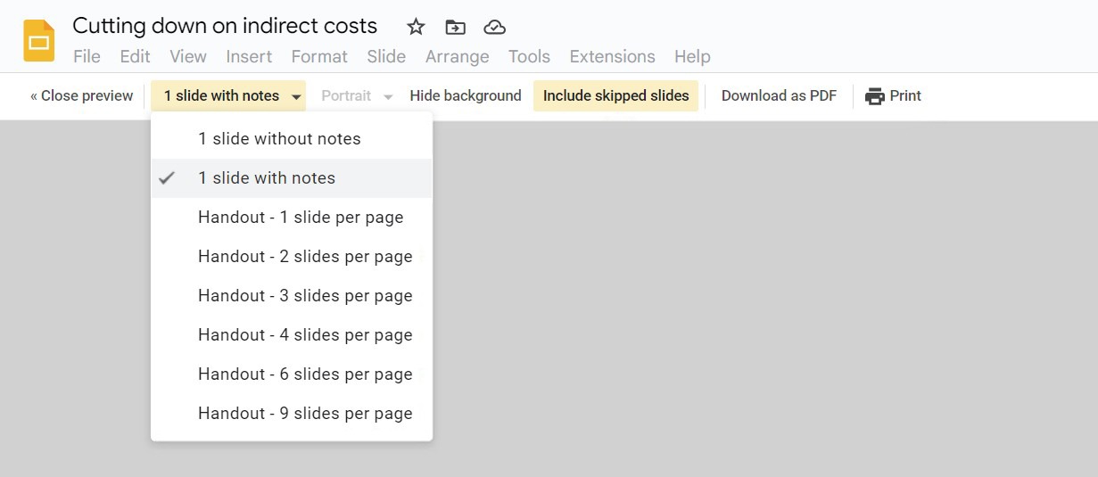Screenshot of the Print settings in Google Slides