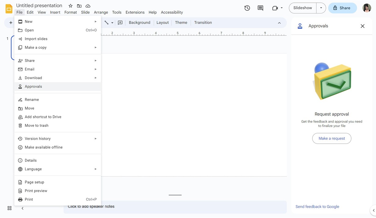 Screenshot of the full 'File' tab expanded in Google Slides, with the 'Approvals' feature selected