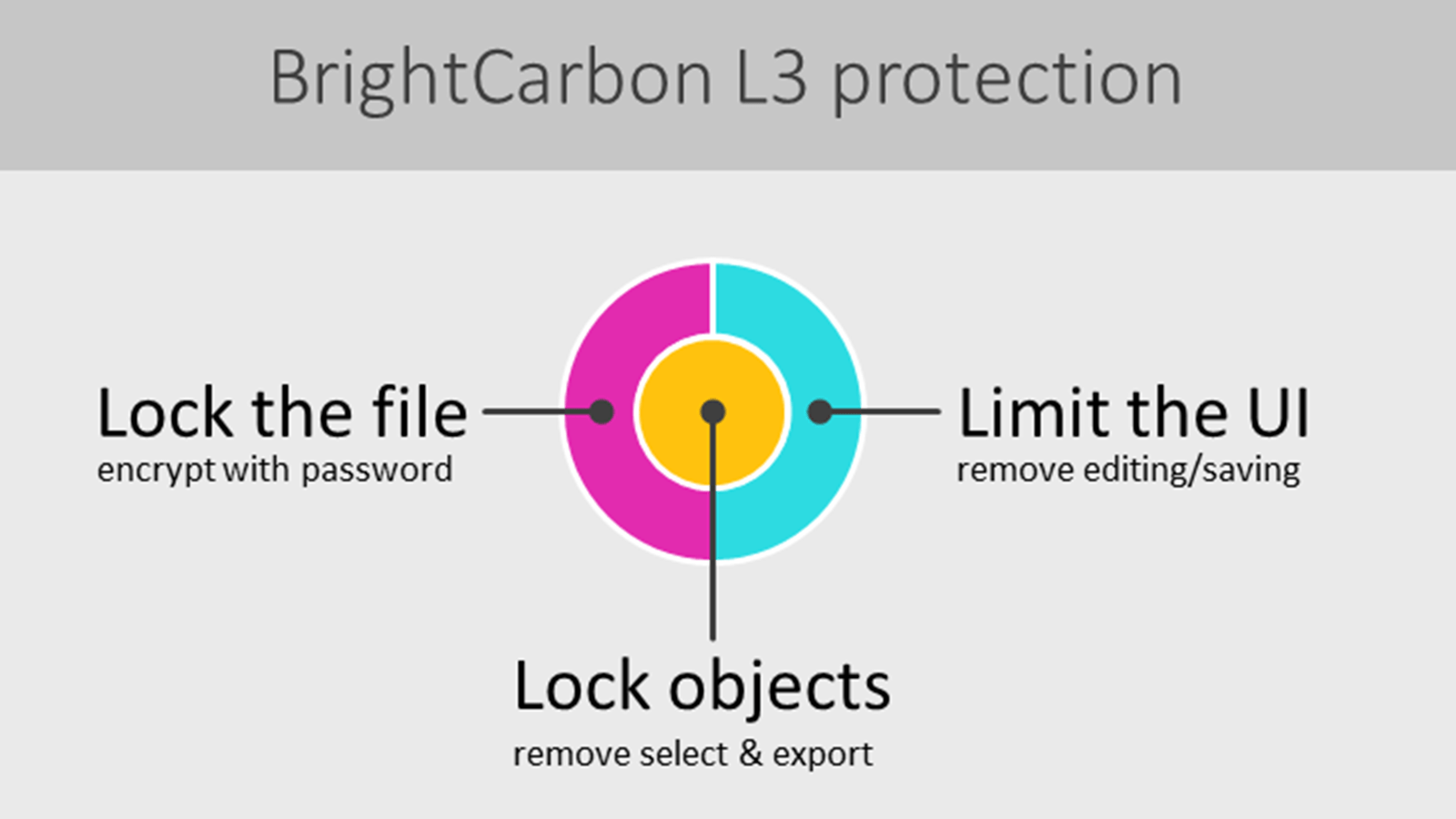 Title: BrightCarbon L3 protection. Beneath the title there is a circular graphic, it has 3 sections and is labelled Lock the file (encrypt with password) Lock objects (remove select & export) Limit the UI (remove editing/saving)