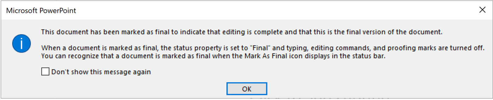Pop up confirming the PowerPoint has been marked as final. 