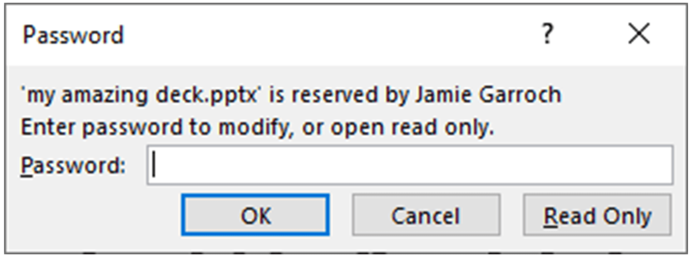 Screenshot of a pop up with the title: Password. The user is prompted to enter a password to modify, open or read-only the PowerPoint file. There are 3 buttons: OK, Cancel, Read Only. 