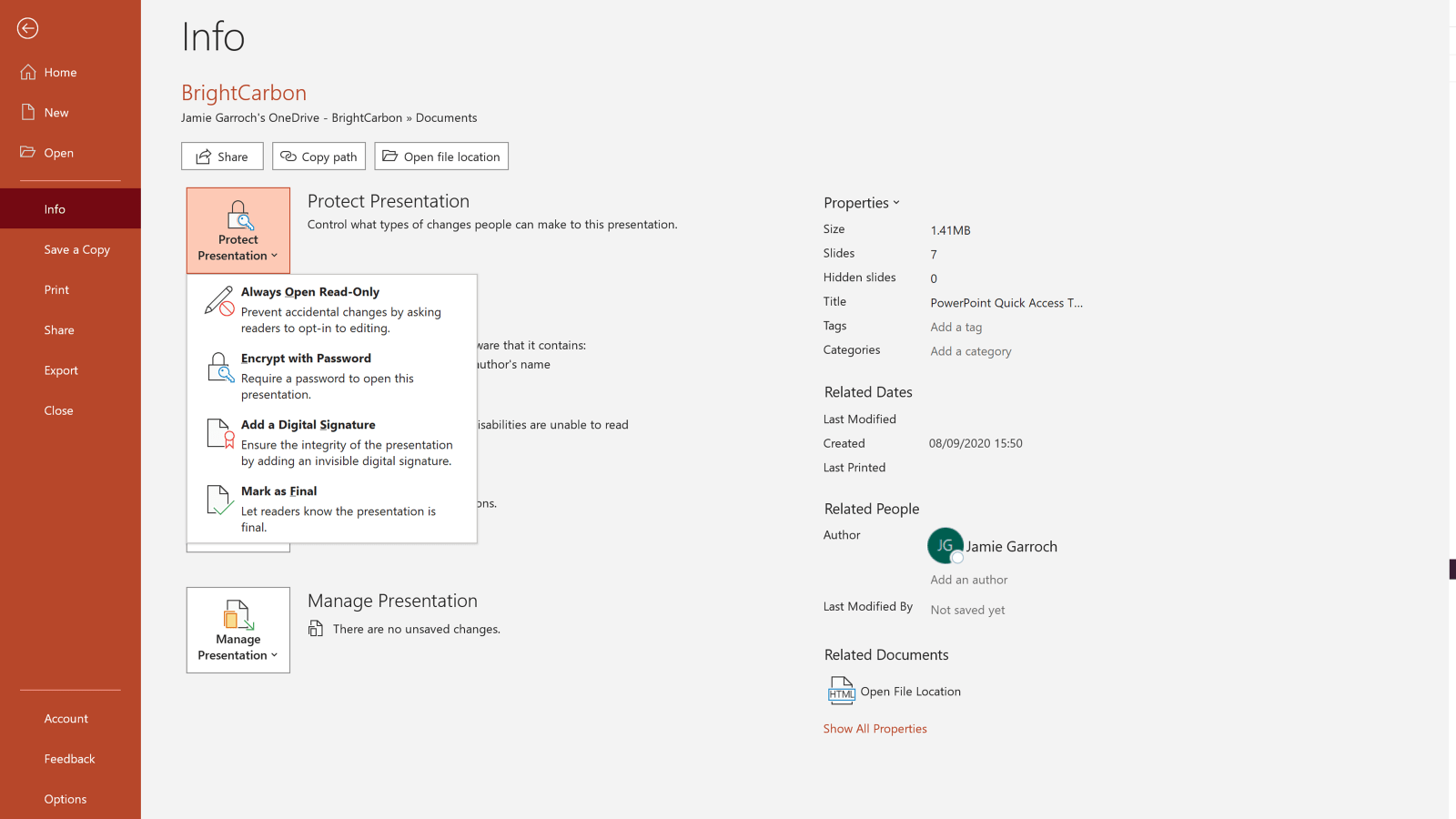 Screenshot of the PowerPoint Info screen. The Protect Presentation option is selected and a dropdown menu is open with the following options: Always Open Read-Only, Encrypt with Password, Add a Digital Signature, Mark as Final. 