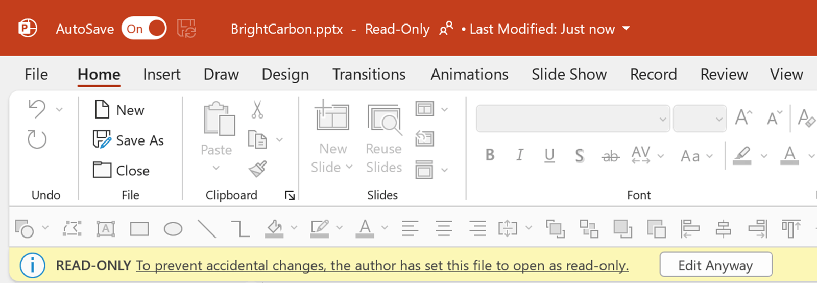 Screenshot of the PowerPoint ribbon. A yellow notification has popped up, it reads: To prevent accidental changes, the author has set this file to open as read-only. At the end of the notification is a button that says 'Edit Anyway'.