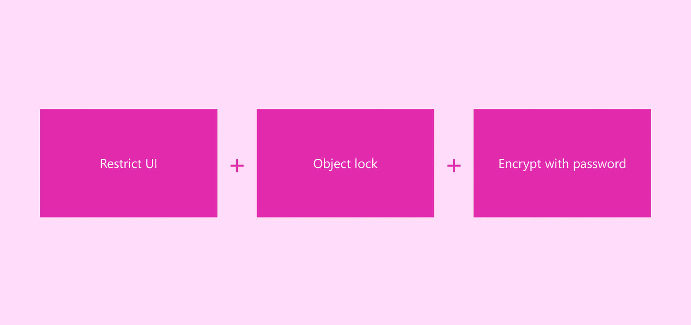Three text boxes in a row with a plus sign in between each. They read, Restrict UI, Object Lock, Encrypt with password