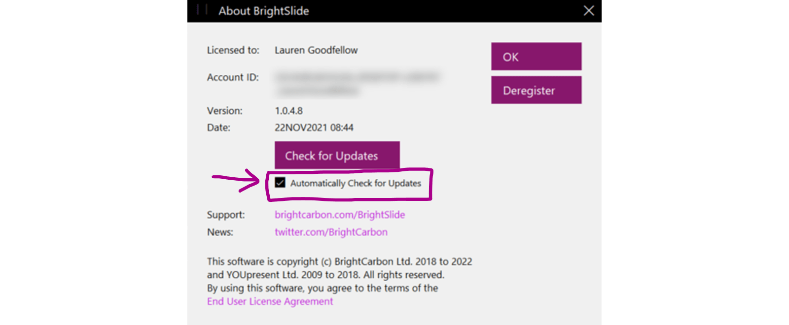 Screenshot of the About BrightSlide pop up box. The Automatically Check For Updates option is ticked. 