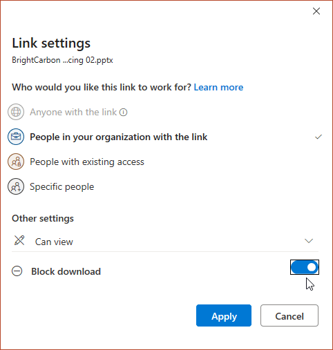 Share file Link Settings dialog