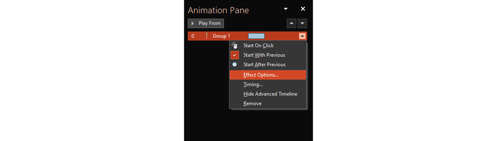 Screenshot of right click options for a PowerPoint Motion Path in the Animation Pane