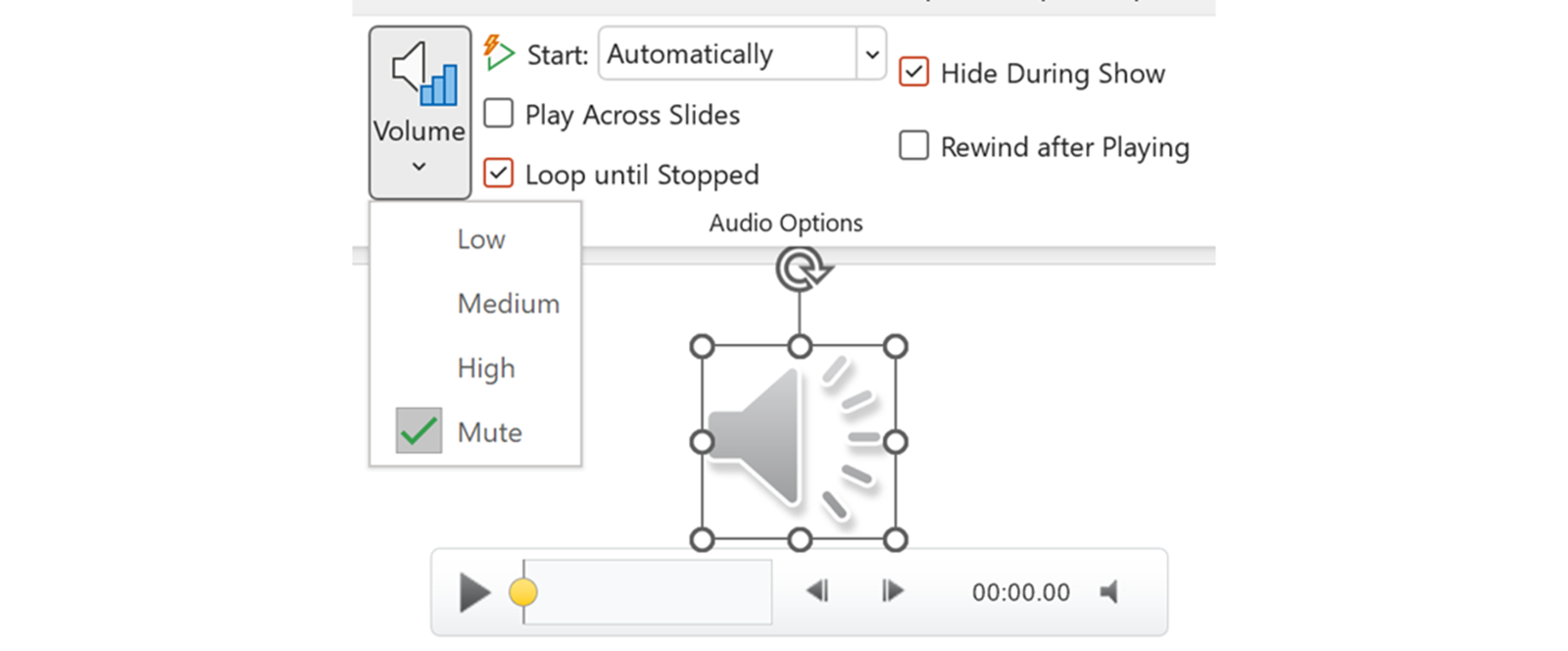 Screenshot of the audio file options in PowerPoint showing all the settings selected as described in the text.