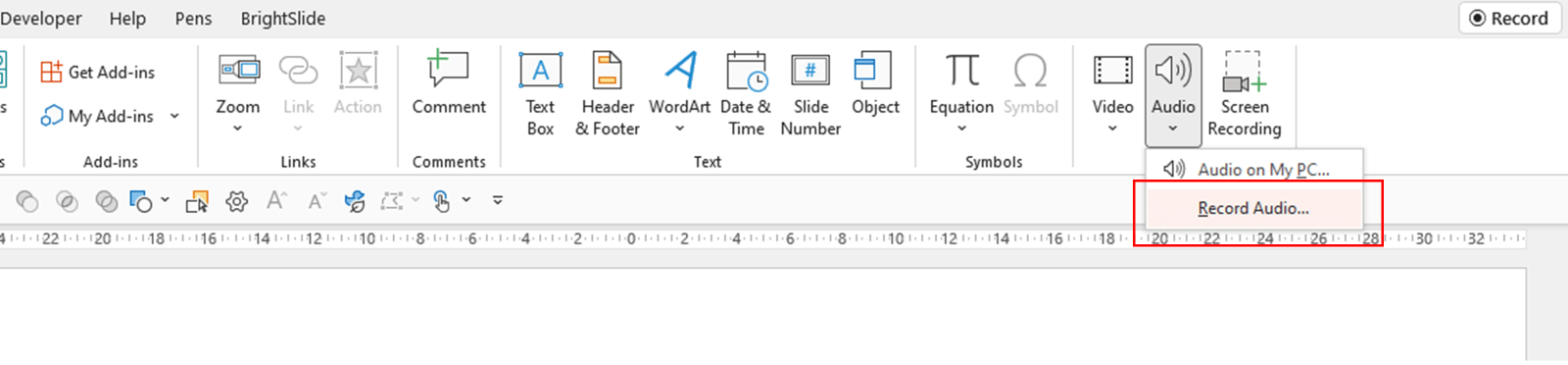 Screenshot of the Insert Ribbon in PowerPoint showing the record audio option selected. 