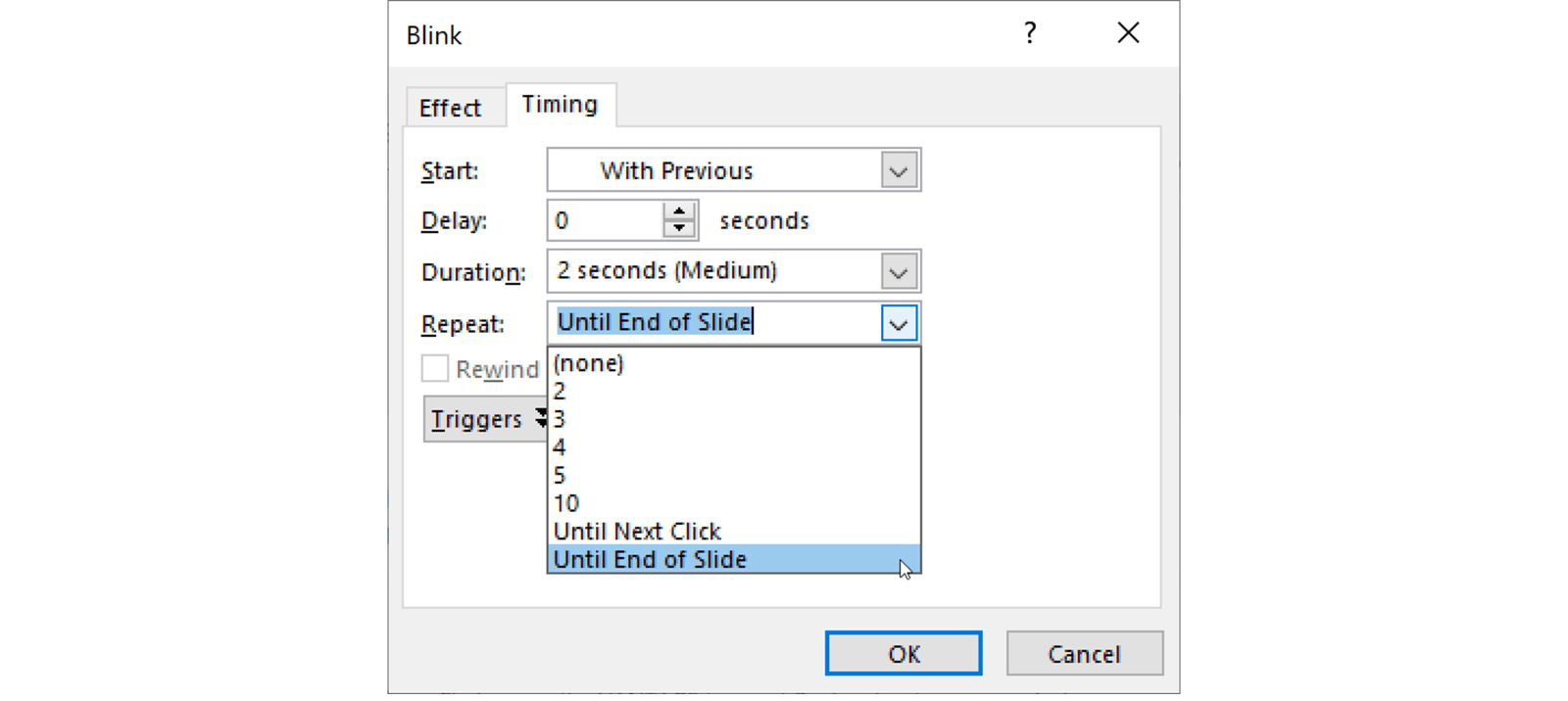 Screenshot of the effect options for the Blink animation in PowerPoint. The option to repeat teh animation until the end of the slide is selected. 