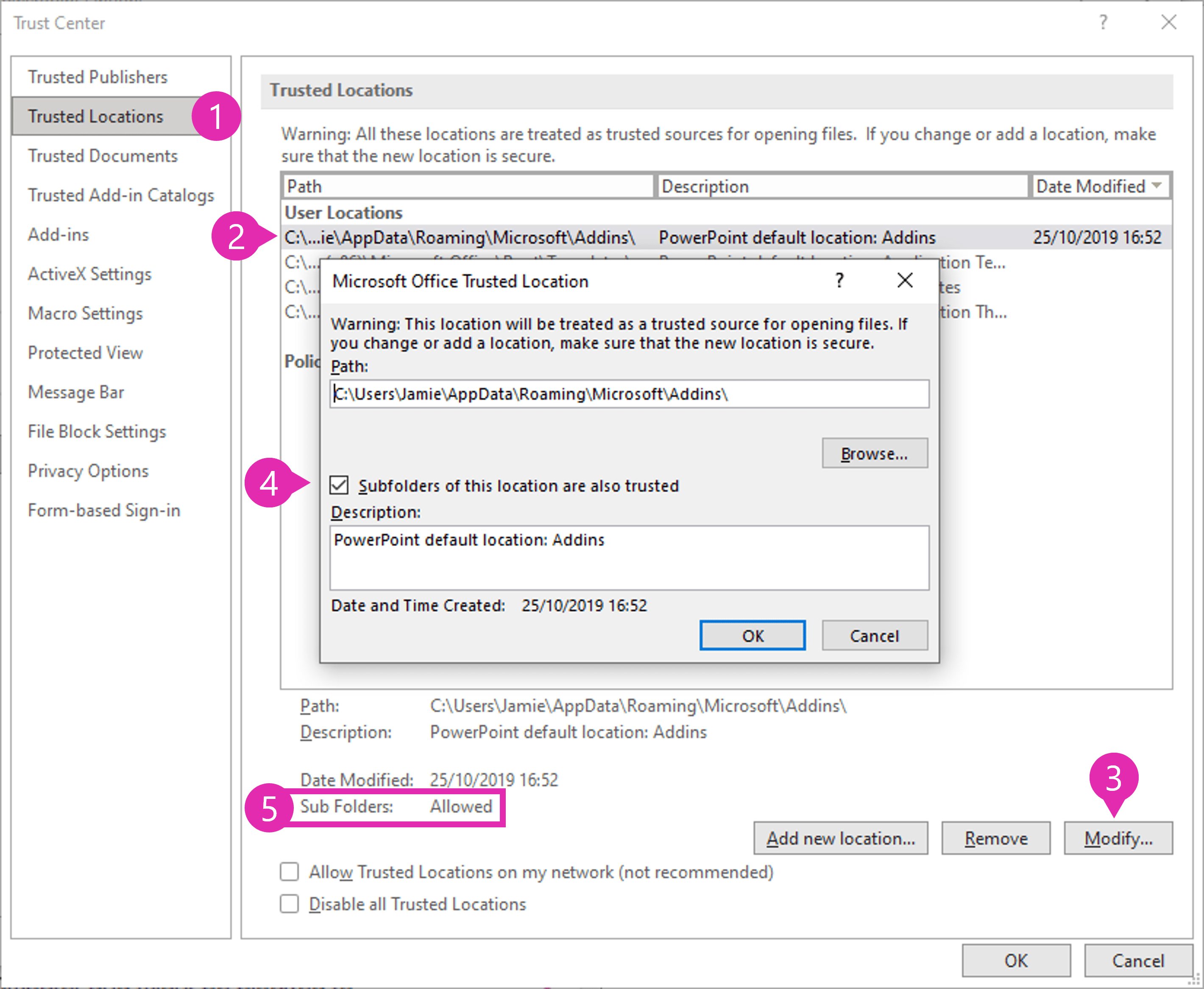 Trust Center Locations for subfolders