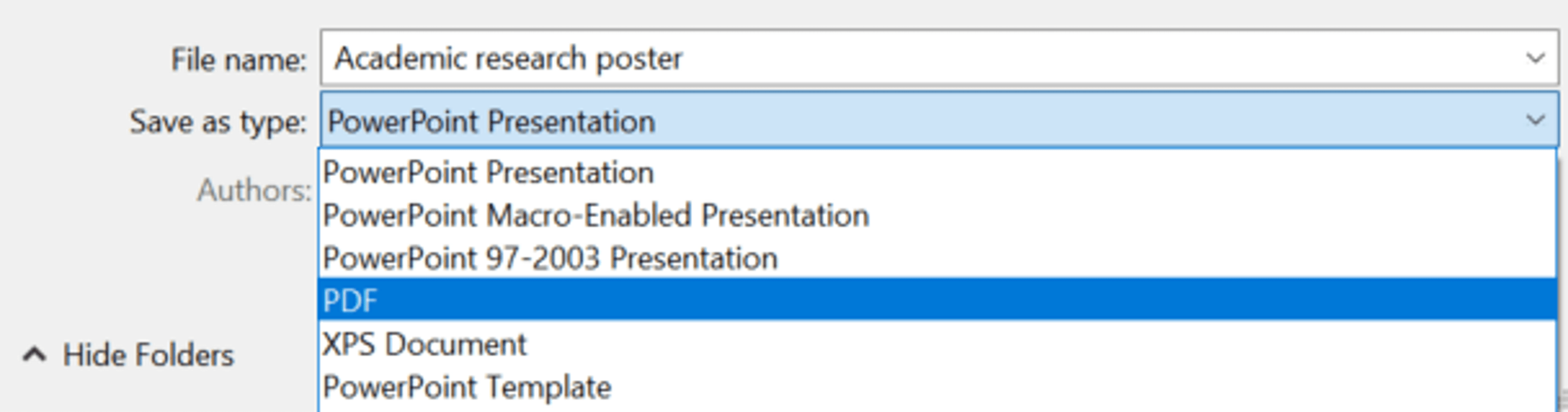 Screenshot of the Save as type drop down menu in PowerPoint. The PDF option is selected. 