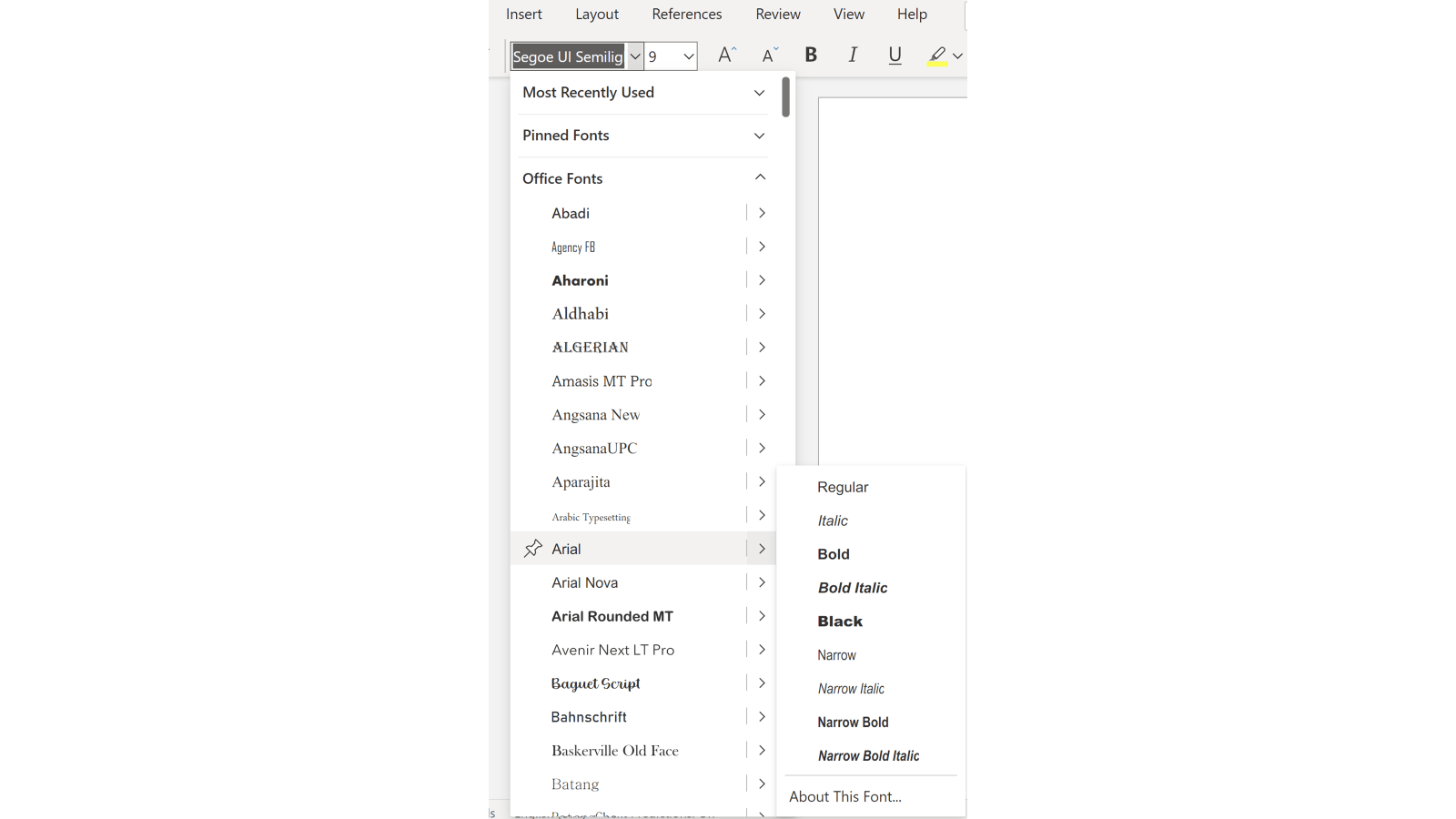 Screenshot of the font drop down list. The font Arial is selected and a fly out menu on the right lists the different Arial styles e.g. regular, italic, bold.