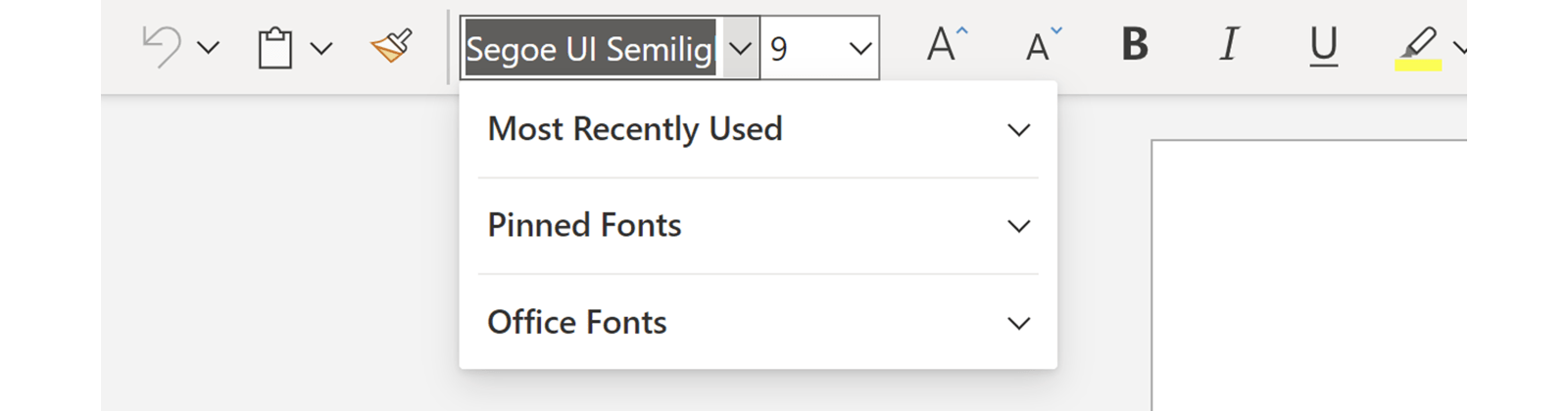Screenshot of the Microsoft font picker. A small drop down menu is open with the three headings described above. 
