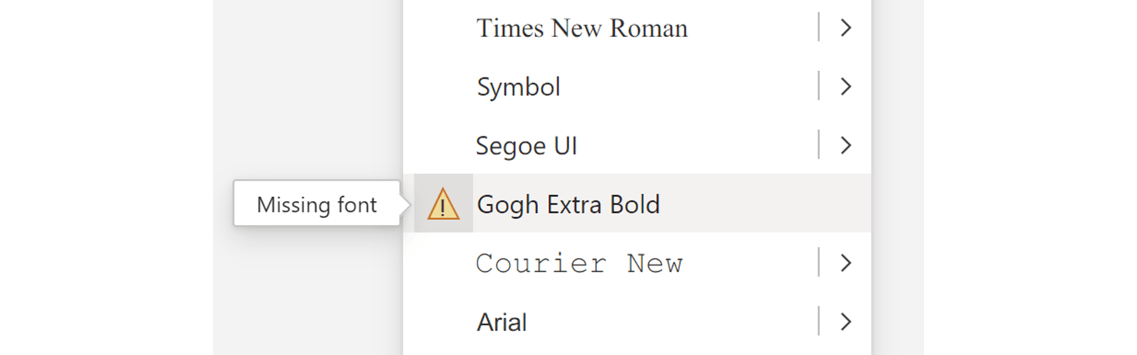 Screenshot of the font list. Next to one font is a yellow warning triangle icon. A pop out says 'Missing font'.