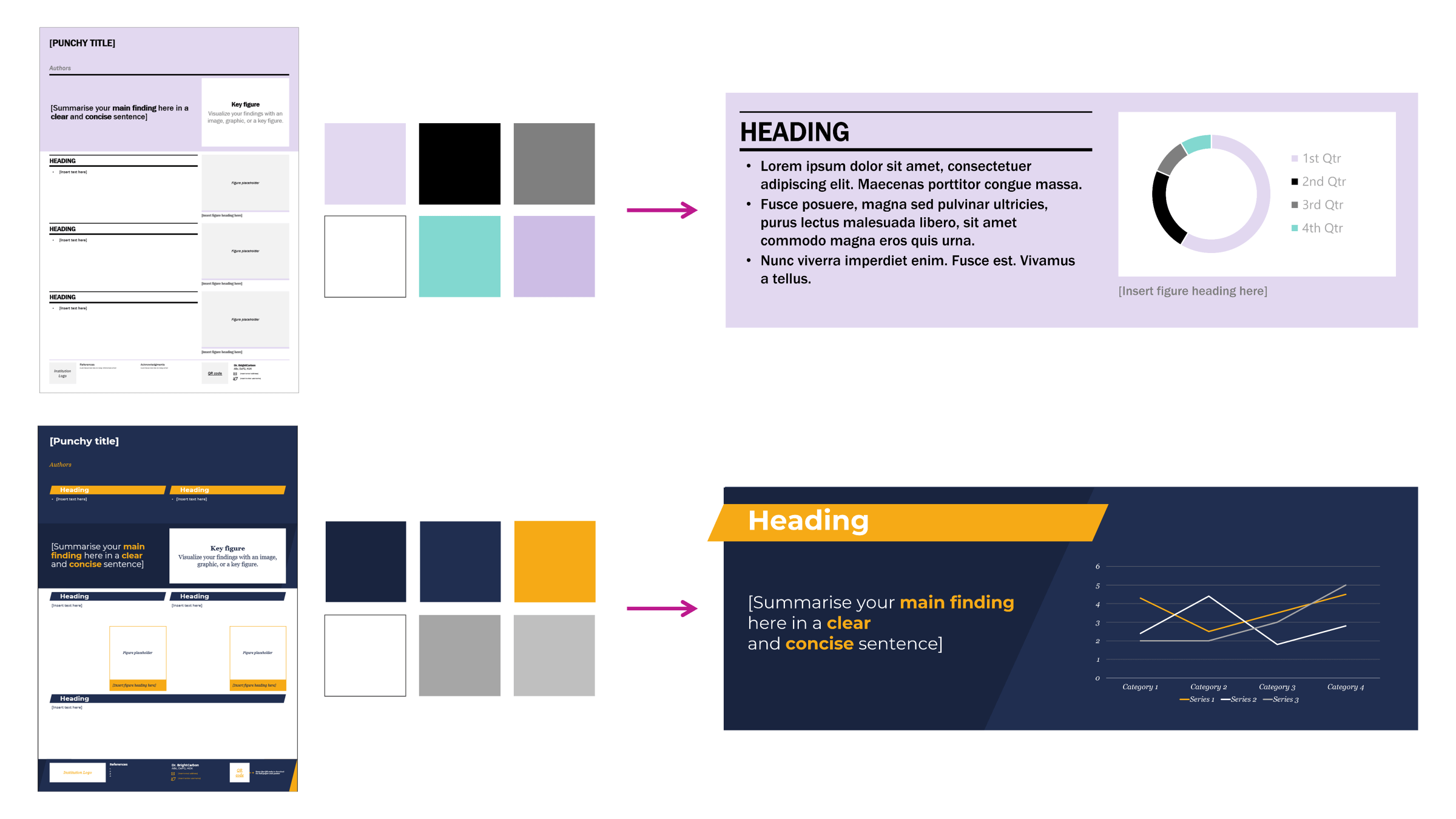 On the left are two poster templates, next to the template are a palette of the theme colours. On the right is an example of sample content for each template using the appropriate colours. 