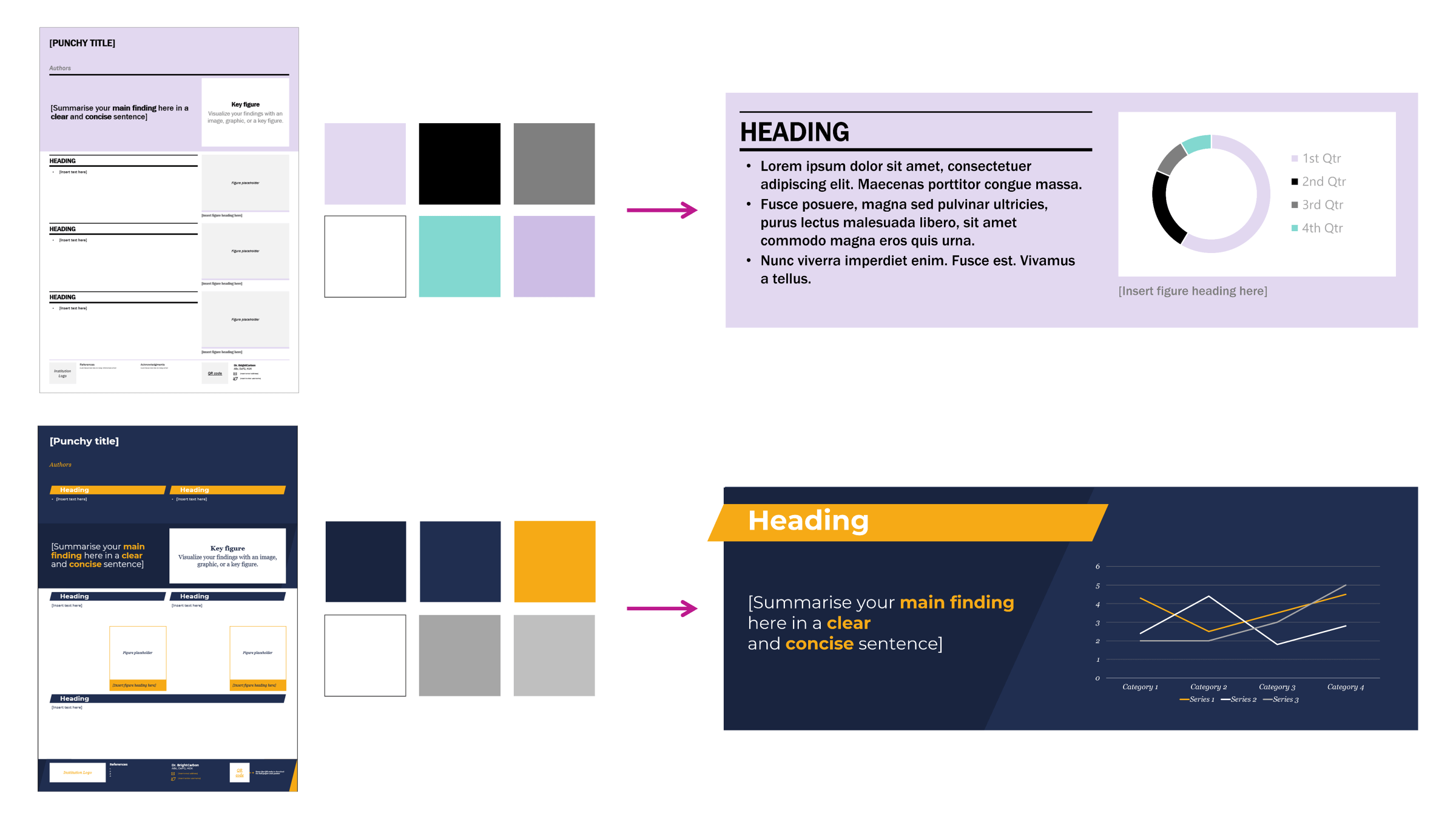 best powerpoint poster templates On the left are two poster templates, next to the template are a palette of the theme colours. On the right is an example of sample content for each template using the appropriate colours.