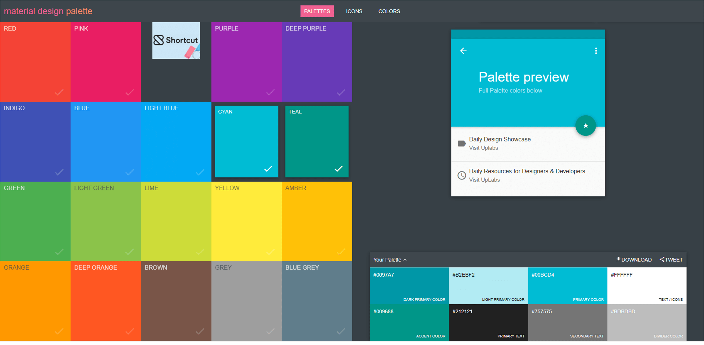 Screenshot of a colour palette generator. 