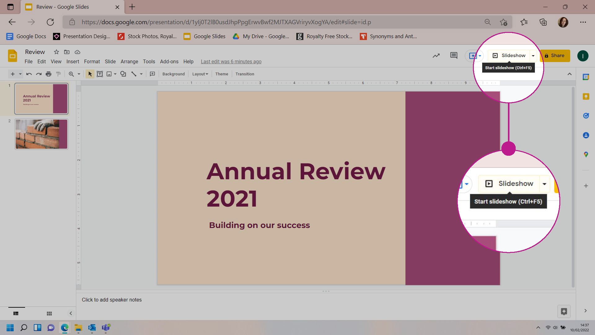 Google Slides screenshot with the Slideshow button highlighted. 
