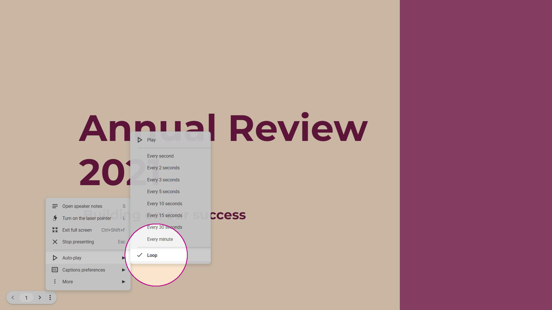 The same screenshot as the previous image. Beneath the 'Every X seconds' options is an option to Loop the slides. This is highlighted. 
