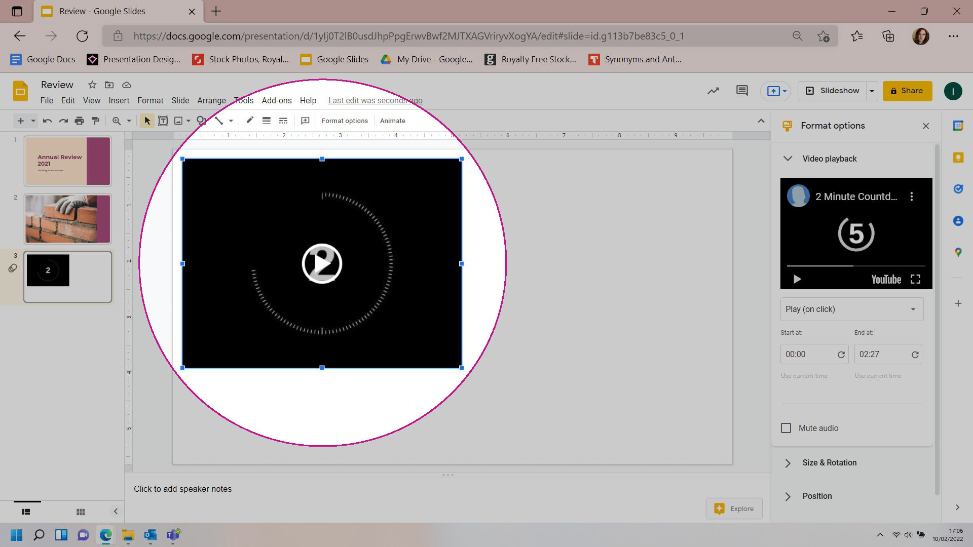 Google Slides screenshot showing a slide in the process of being designed. A timer video is on the slide. 
