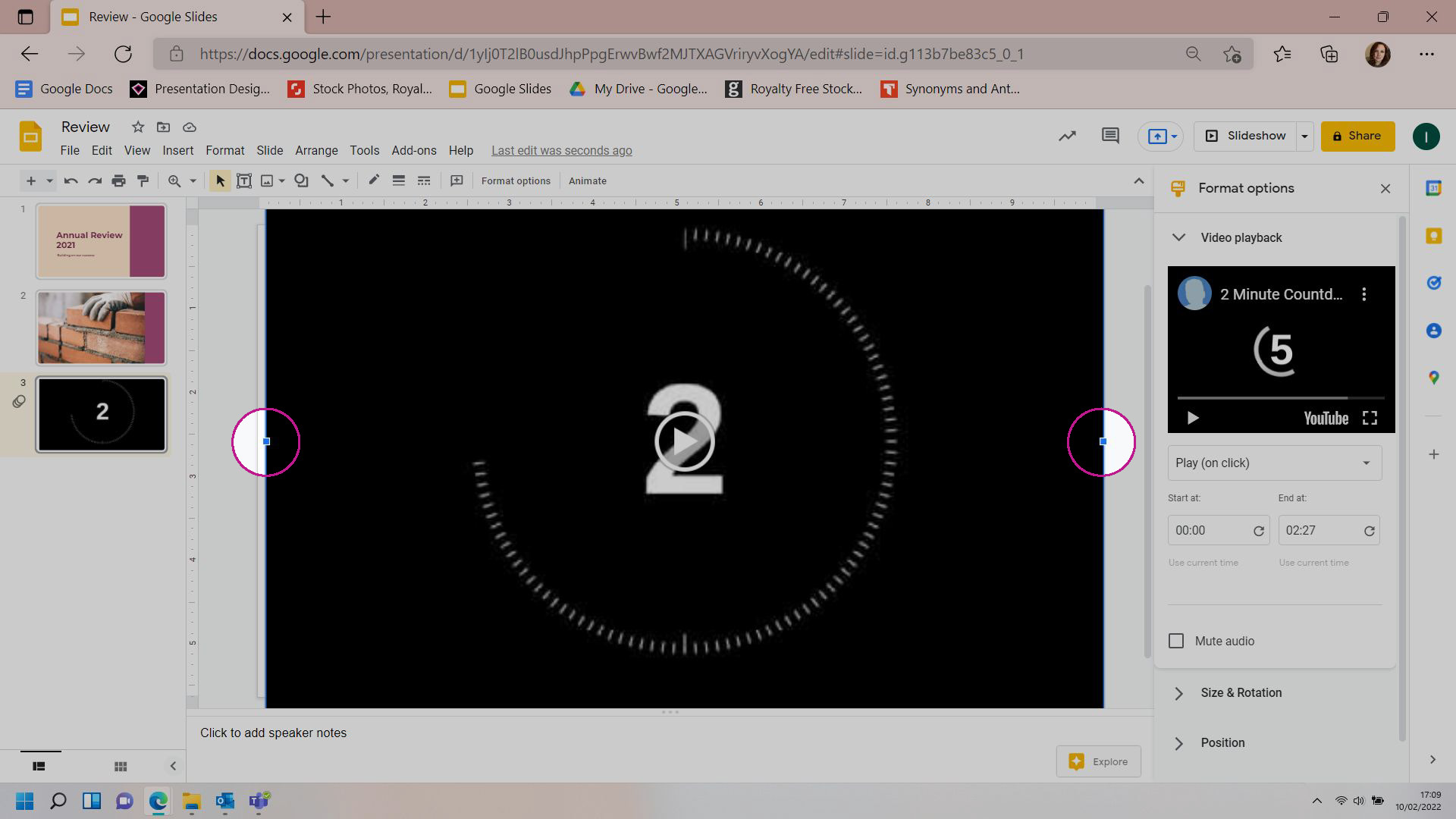 Google Slides screenshot showing the nodes used to resize the timer video
