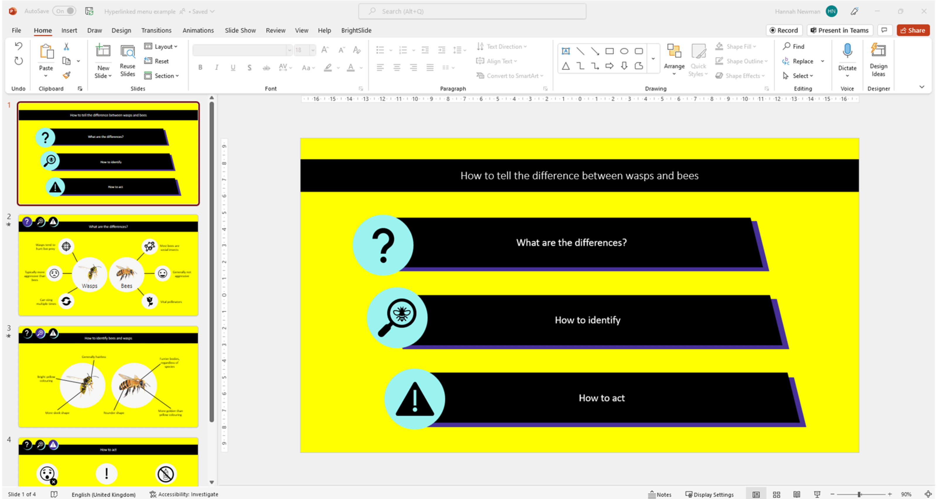 Screenshot of a PowerPoint slide in a presentation on the differences between wasps and bees.