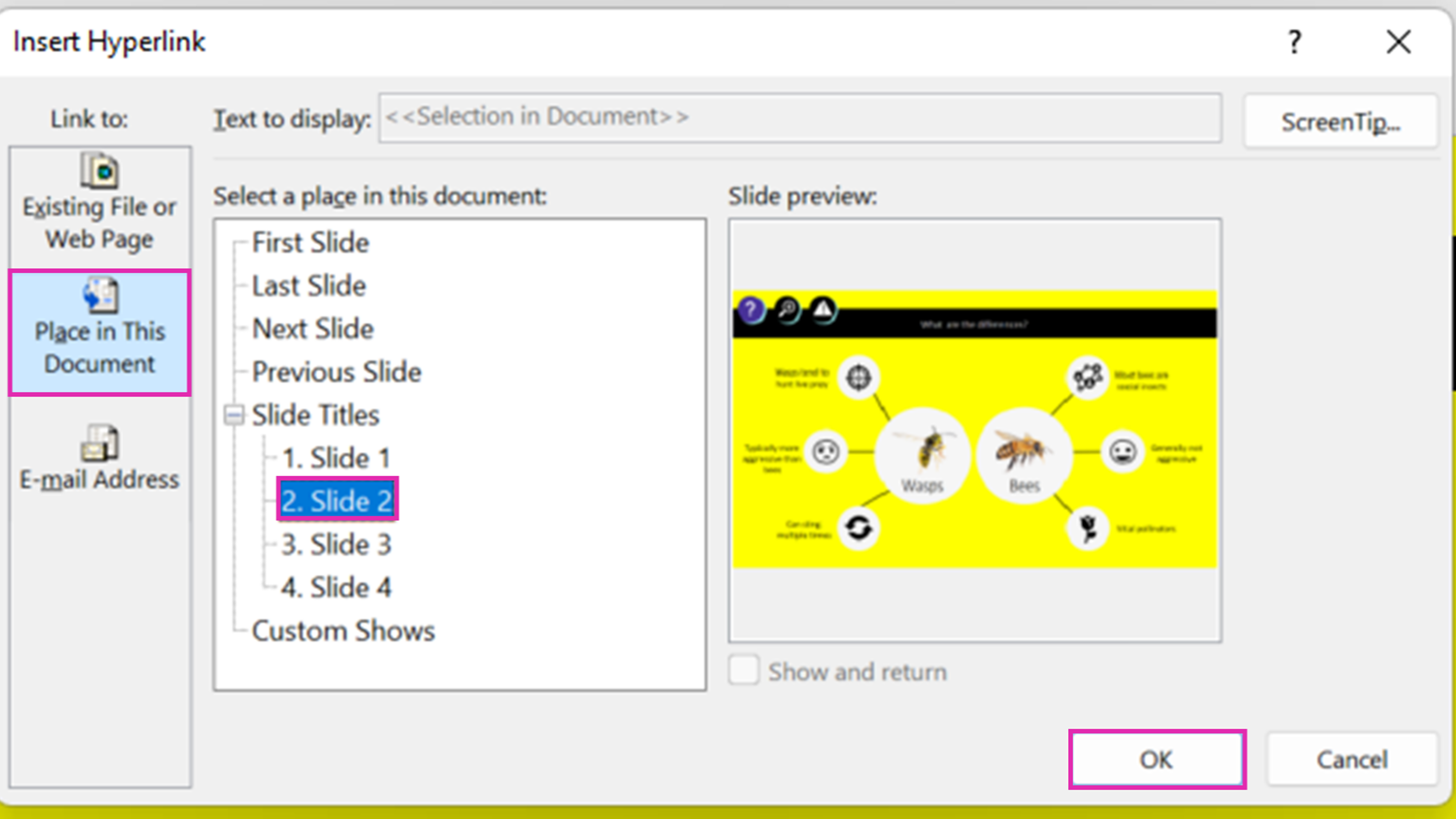 Screenshot of the 'insert hyperlink' pop-up box in PowerPoint, with the highlighted area reflecting the instructions in the blog post.