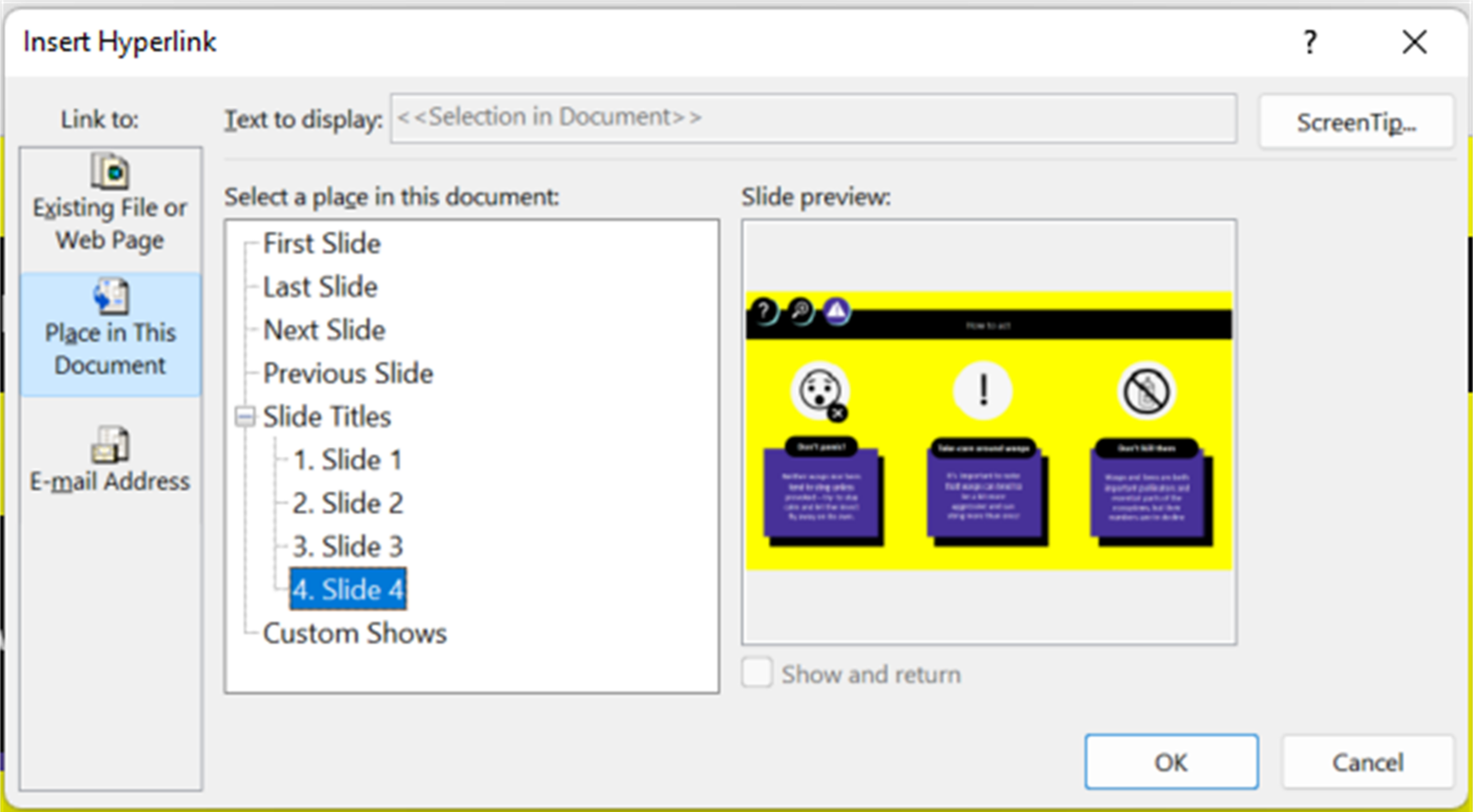 Screenshot of the 'insert hyperlink' pop-up box in PowerPoint, with Slide 4 highlighted. 