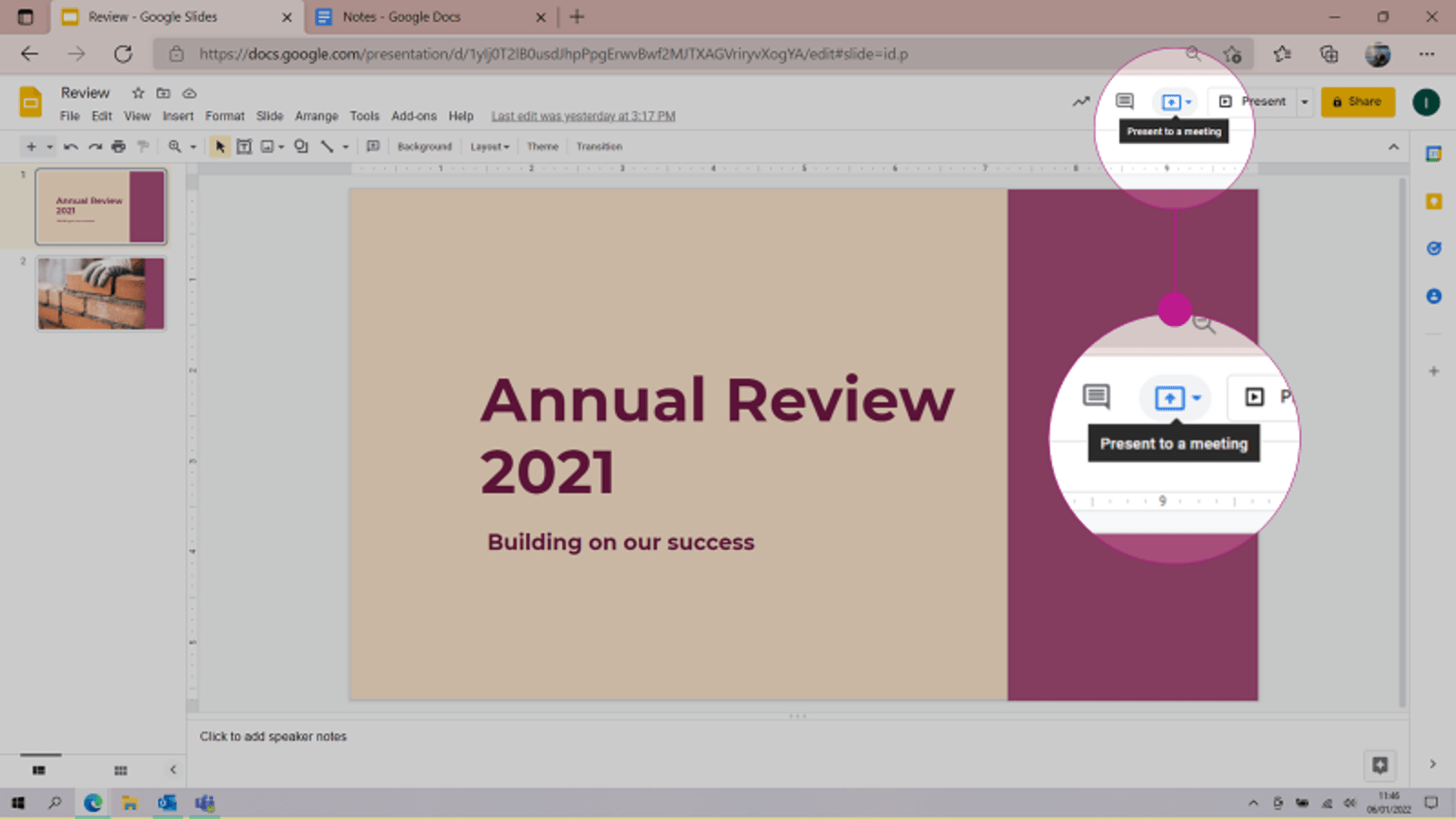 Screenshot of Google Slides presentation with 'Present to a meeting' button highlighted.