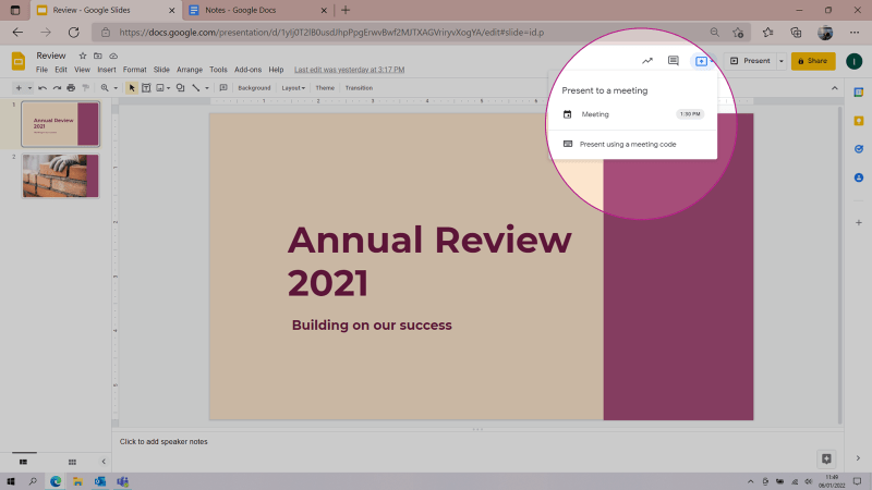 Screenshot of Google Slides presentation with 'Present to a meeting' options highlighted.