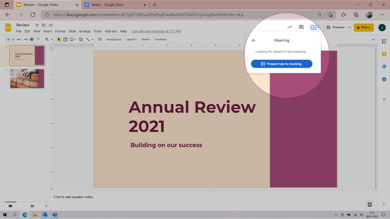 Screenshot of Google Slides presentation with 'Present tab to meeting' options highlighted.