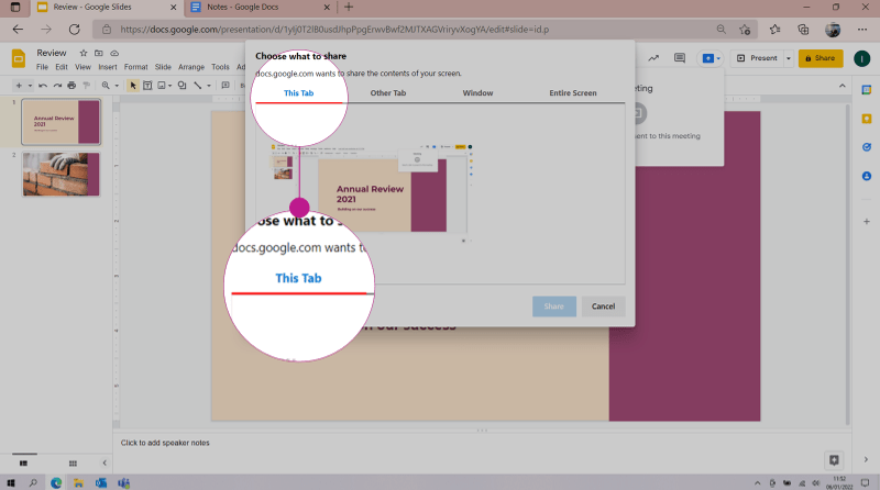 Screenshot of 'Choose what to share' window in Google Slides with 'This Tab' option highlighted.