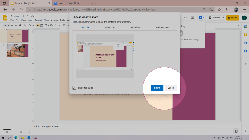 Screenshot of 'Choose what to share' window in Google Slides with 'Share' button highlighted.