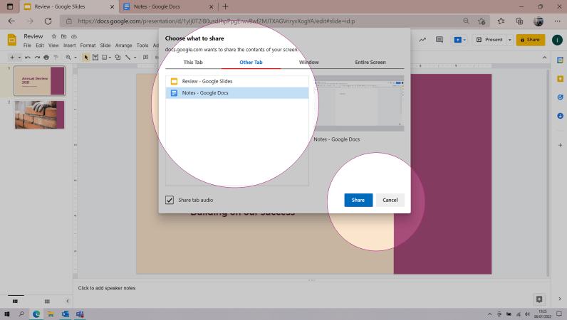 Screenshot of 'Choose what to share' window in Google Slides with 'Other Tab' option highlighted.