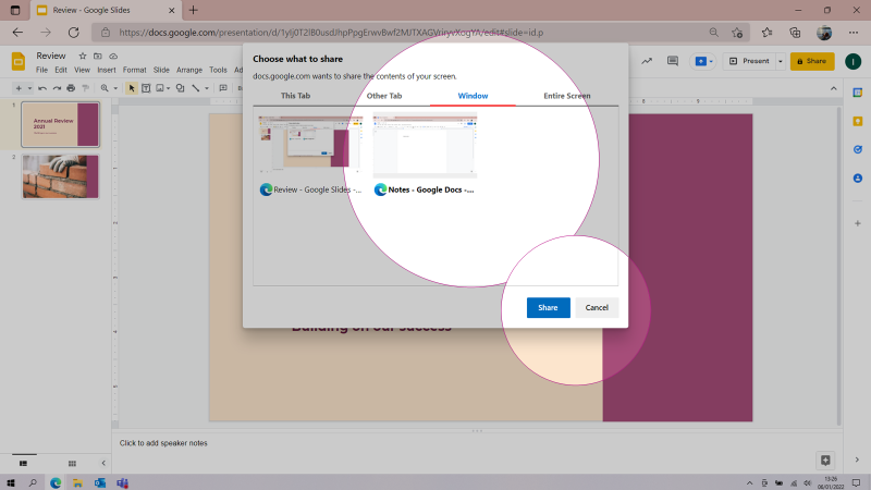 Screenshot of 'Choose what to share' window in Google Slides with the 'Window' option highlighted.