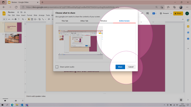 Screenshot of 'Choose what to share' window in Google Slides with the 'Entire Screen' option highlighted.