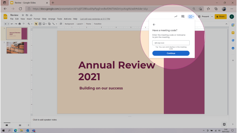 Screenshot of Google Slides with option to enter meeting code under 'Present to a meeting' highlighted.