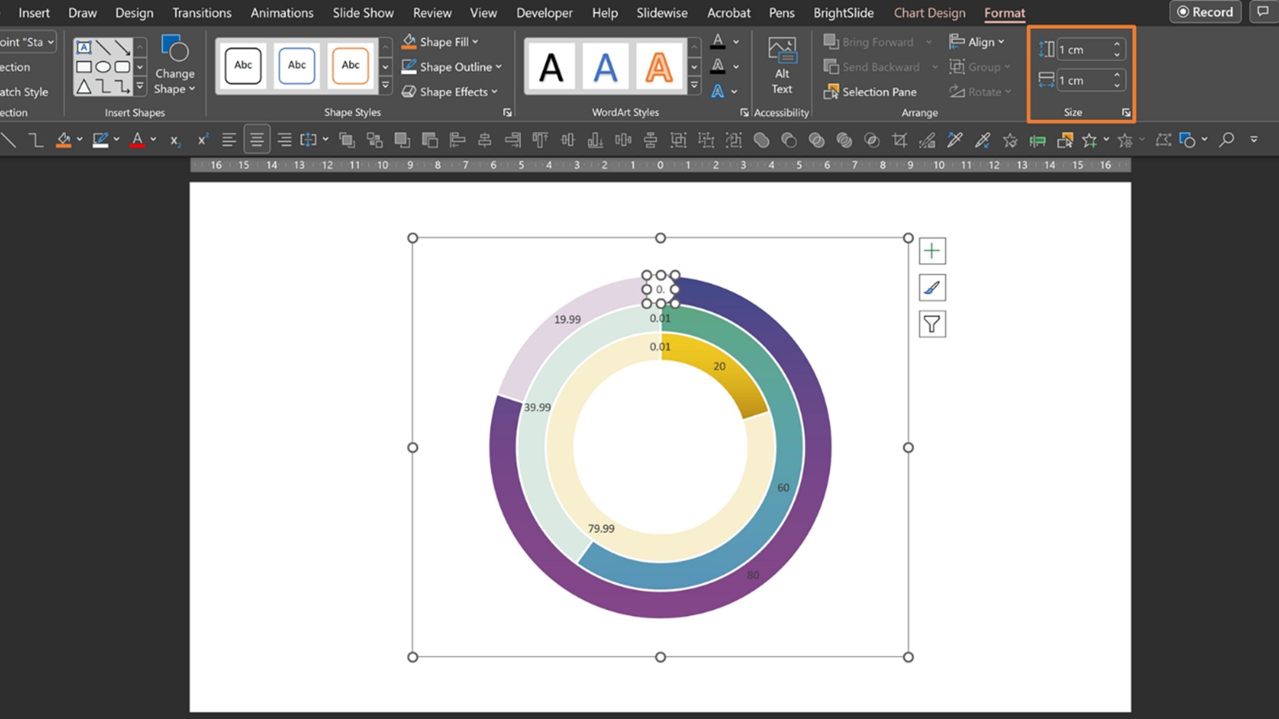 Screenshot of the PowerPoint user interface. One 0.01 data point is selected and the Format ribbon is open. The 'Size' option is highlighted showing that the height and width of the 0.01 data point oval is 1cm.