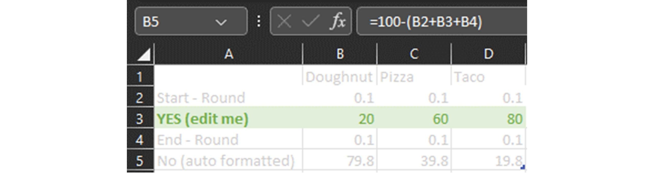 Screenshot of an excel spreadsheet. One of the No cells is highlighted and the formula in the formula bar is =100-(B2+B3+B4)