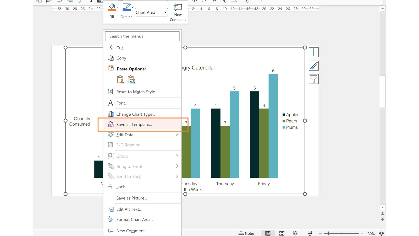 Same bar chart as previous image with the right-click menu expanded and the 'Save as Template...' option highlighted.