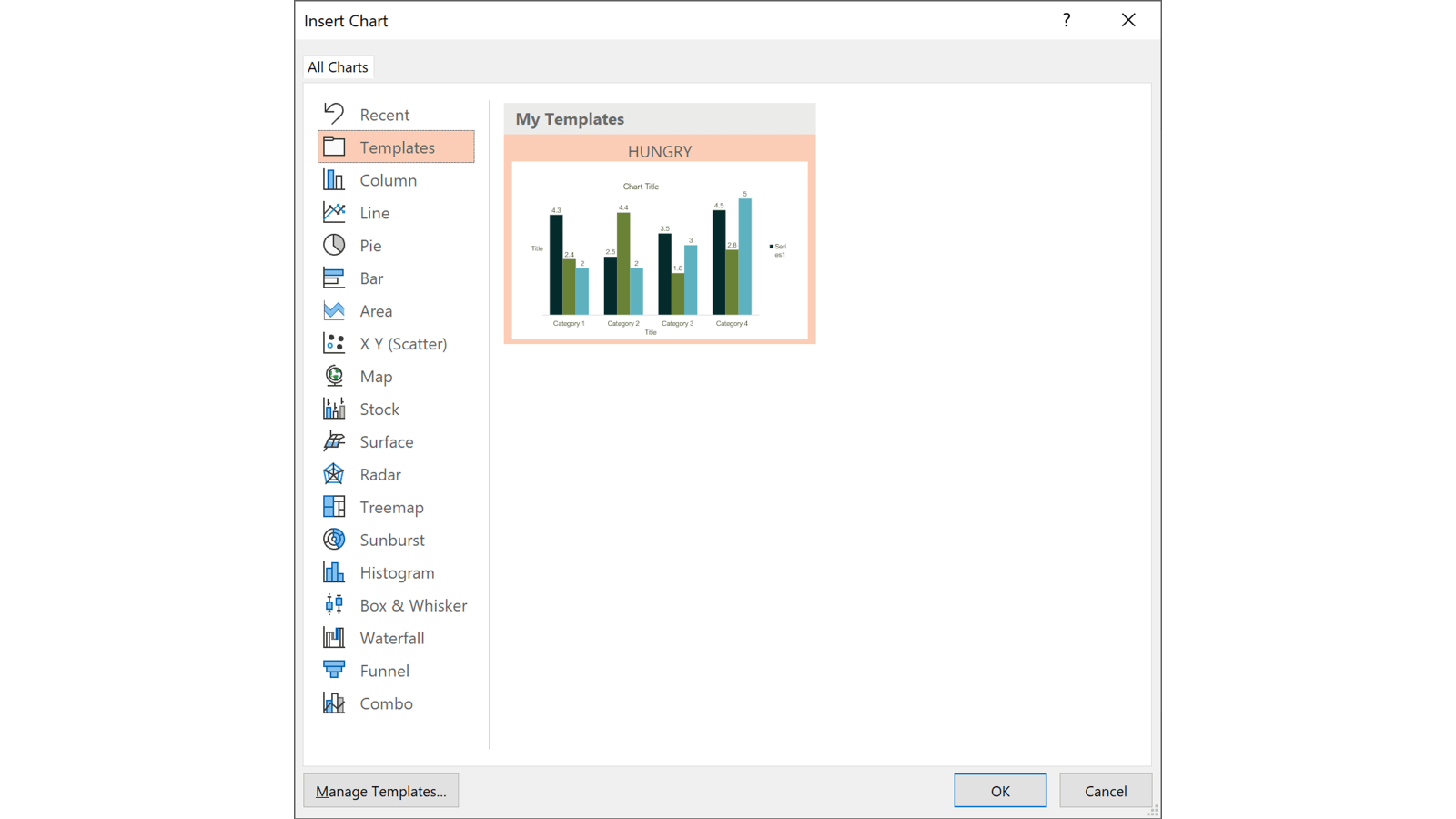 emplates folder highlighted in the 'Change Chart Type' option in Excel, with a different bar chart thumbnail. 