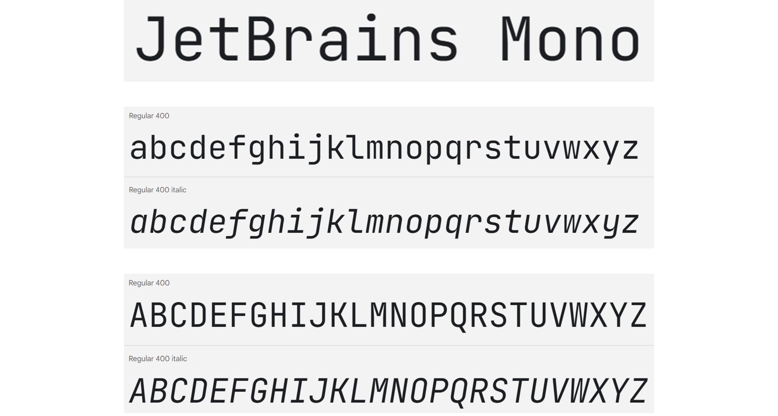 Screenshot of Google font JetBrains Mono A to Z