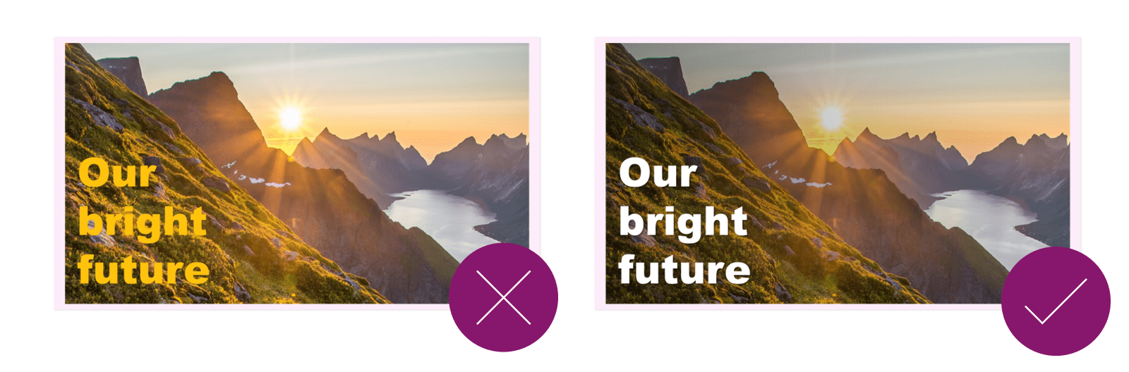 Two slides sit side by side with the same picture on. On the left the text 'our bright furture; in yellow sits on top of the image and is hard to read. On the right, the image is darker, the text is white and has a shadow underneath. It is easy to read. 