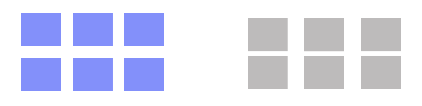 12 squares are arranged in two groups. The group on the left has equal spacing between each square. The group on the right has three columns of two squares with wider spacing between the columns. 