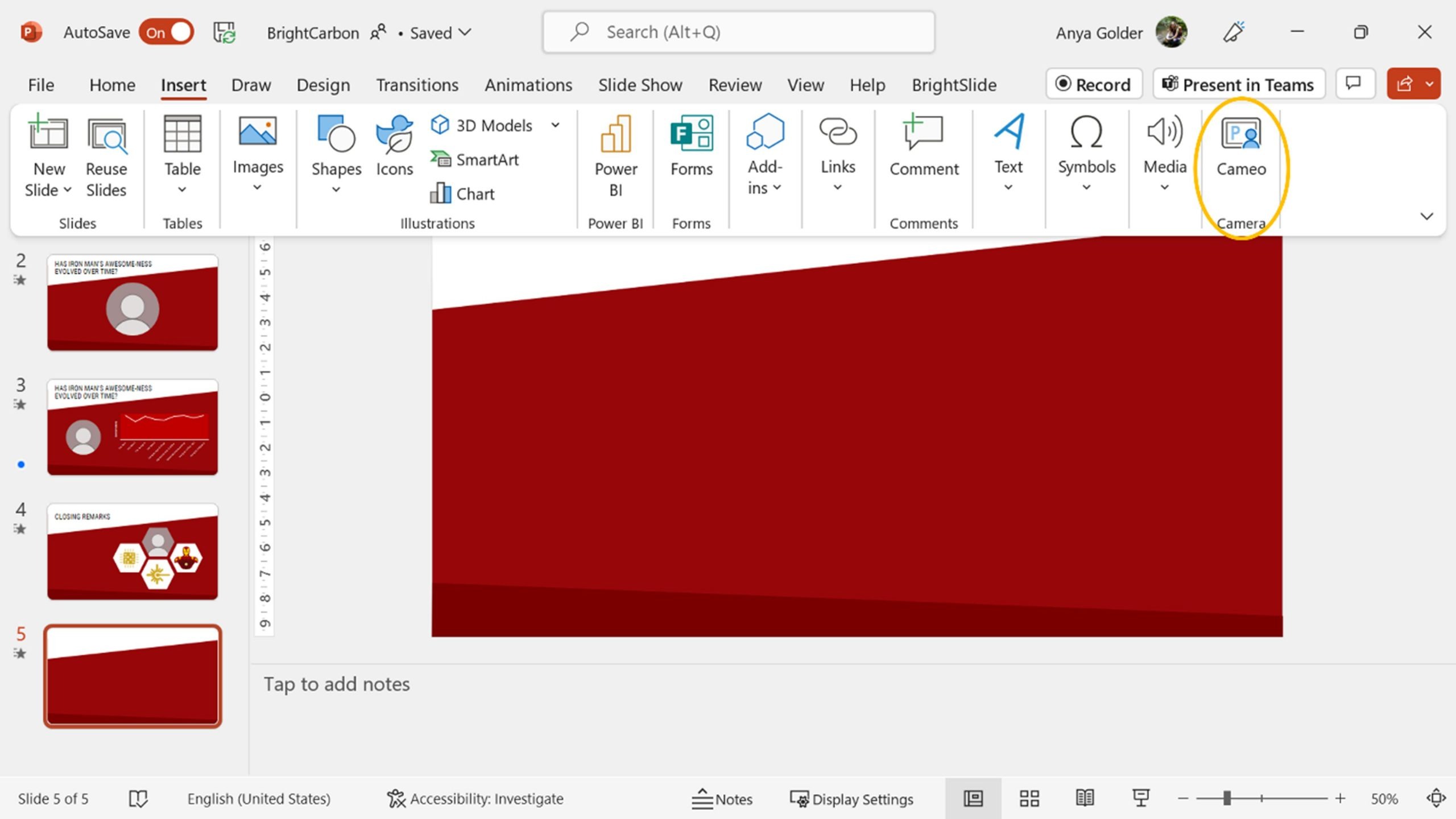 Screenshot of the Insert tab in PowerPoint with the Cameo option highlighted. 