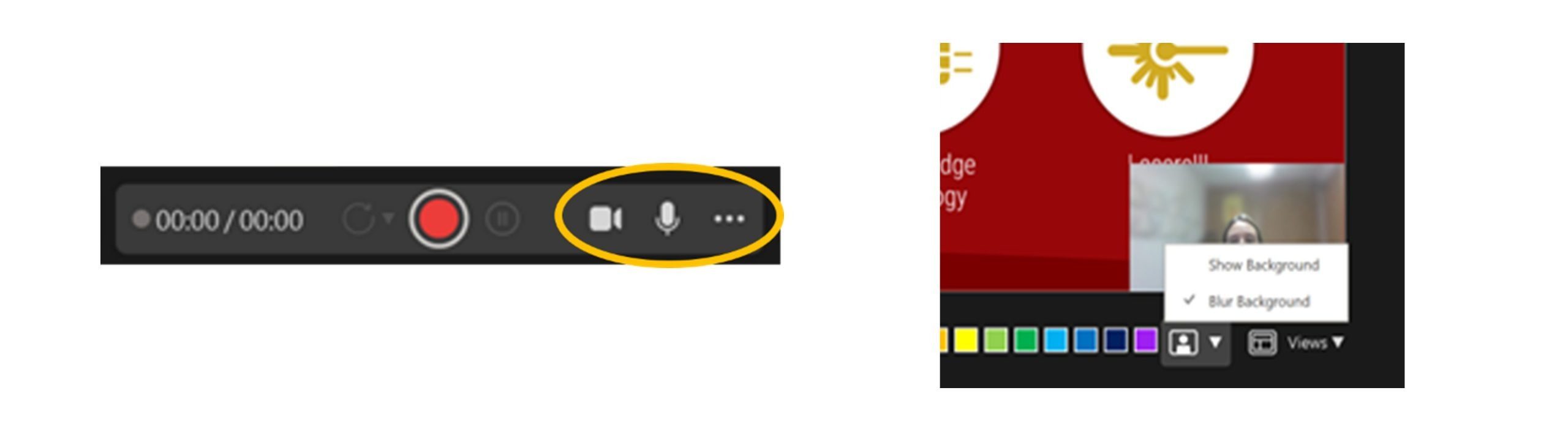 On the left is a small screenshot of the camera and microphone settings from the Record presentation mode in PowerPoint. On the left is a screen shot of the video options (Show/Blur background).